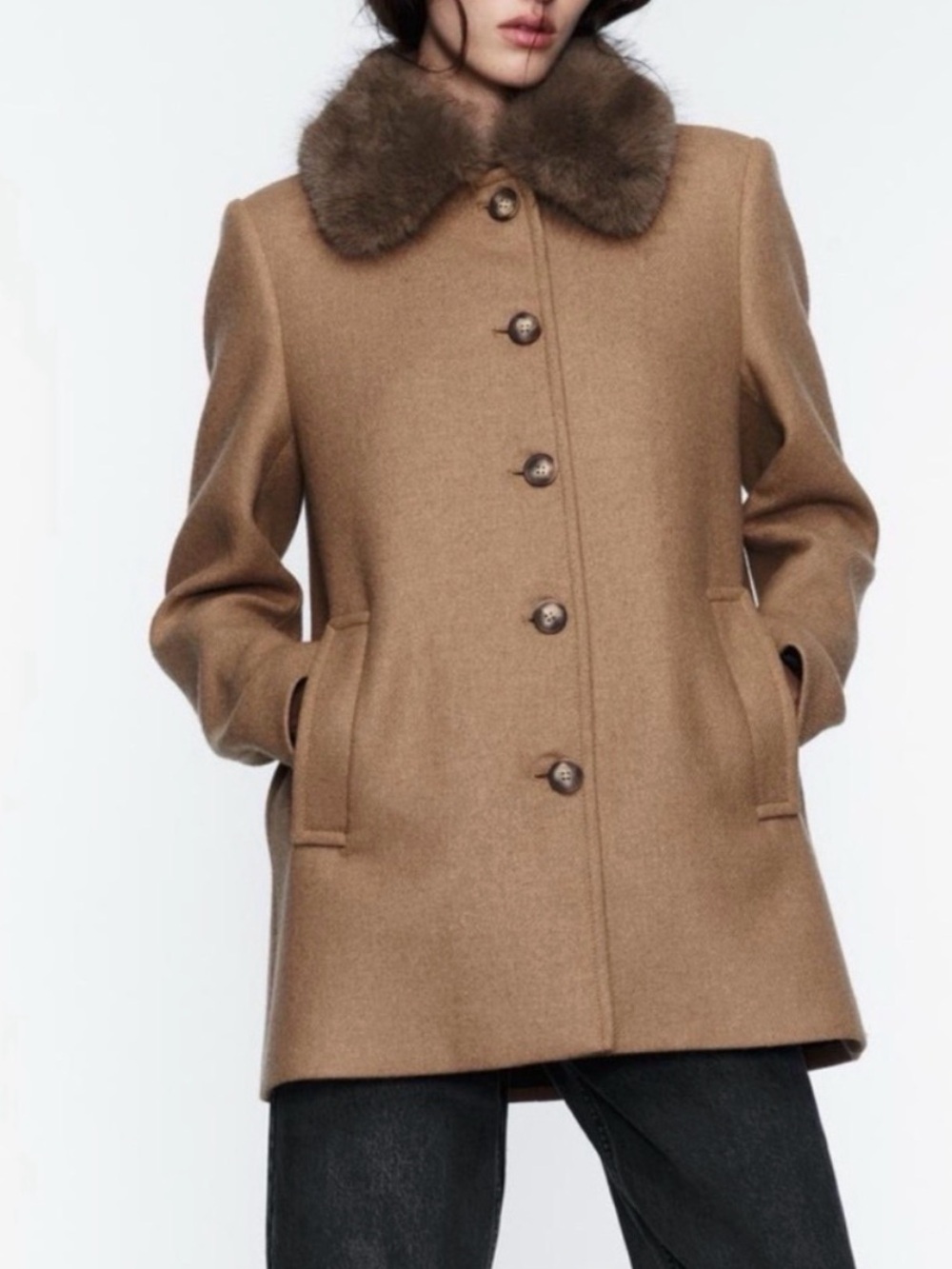Zara Wool Blend Coat With Faux Fur Collar